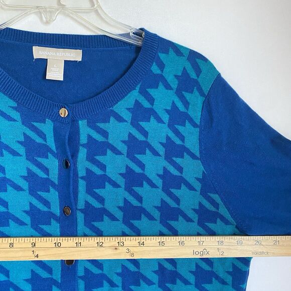 Banana Republic Silk Blend Cardigan Women L Blue Turquoise Knit Houndstooth - Picture 4 of 8